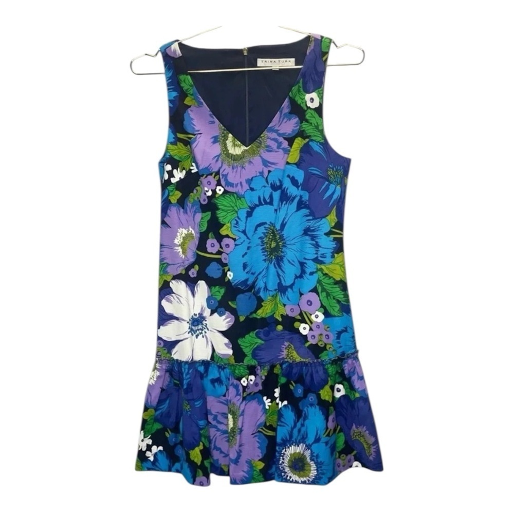 Trina Turk Colorful Bold Dark Floral Ruffled Hem Panel V Neck Shift Dress